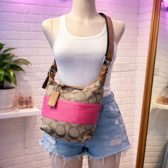 COACH pink brown signature buckle bucket shoulder bag F13862 EUC - Picture 2 of 13